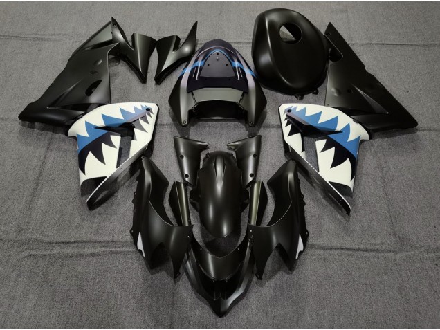 Aftermarket 2004-2005 Matte Black and Light Blue Shark Kawasaki ZX10R Motorcycle Fairing