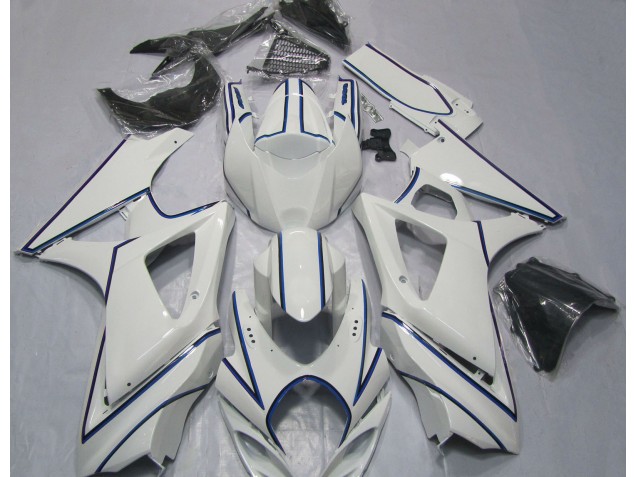 Aftermarket 2007-2008 Gloss White Blue Pin Stripe Suzuki GSXR 1000 Motorcycle Fairing