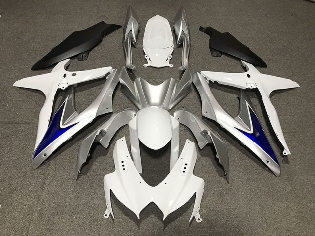 Aftermarket 2008-2010 Gloss White With Silver and blue Matte Black Lower Suzuki GSXR 600-750 Motorcycle Fairing